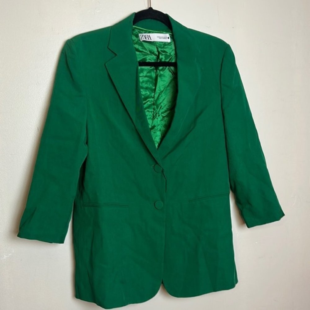 Zara Kelly Green Cropped Sleeve Straight Cut Two Button Tailored Fit Blazer